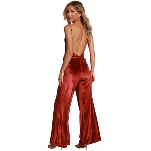 LULUS Hopeful Heart Red Velvet Backless Wide-Leg Jumpsuit - Picture 2 of 8